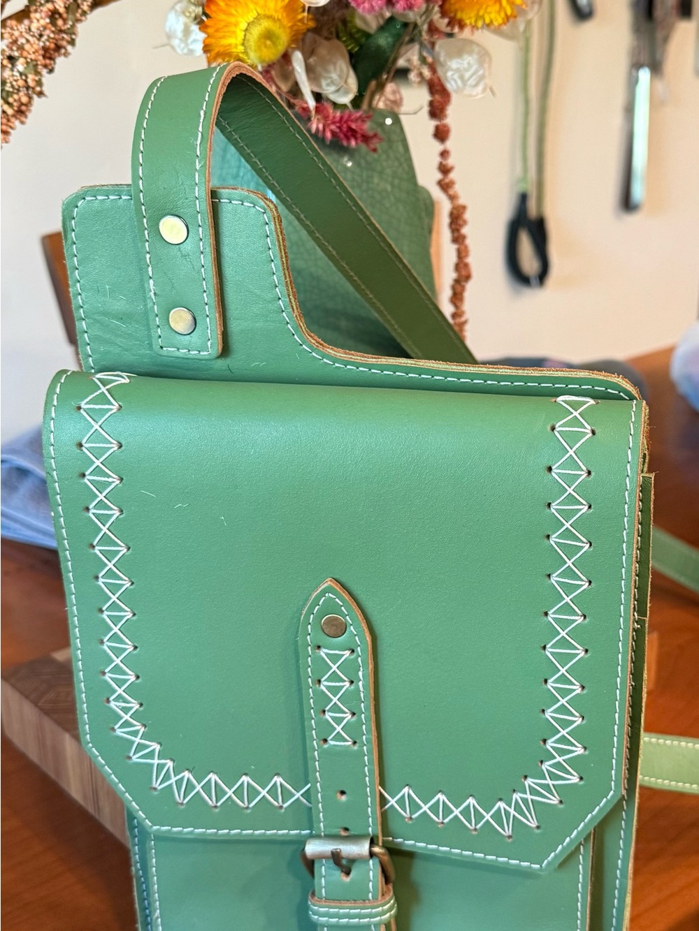 Green Crossbody Bag with White Contrast Stitching